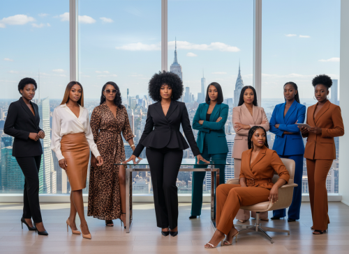 A group of 9 stylish Black professional women posed together in a high-rise New York City setting. The women are dressed in elegant business attire: one in a black outfit, one in a white blouse with tan skirt, one in a brown leopard print dress with sunglasses, one in a teal blazer, one in a brown belted jumpsuit seated on a chair, one in a beige/nude blazer, one in a blue suit, and one in a caramel brown suit. The women have various natural hairstyles including afros and straight hair. Behind them are floor-to-ceiling windows revealing a dramatic New York City skyline with iconic skyscrapers, including recognizable NYC architecture. The lighting is bright and professional. The overall mood is powerful, stylish, and empowering. The setting replaces the indoor office/gallery wall with a stunning NYC panoramic view — glass windows overlooking Manhattan skyscrapers, the Empire State Building visible in the distance, blue sky with soft clouds. The composition mirrors the original: women arranged in a group around a modern desk/table, some standing, one seated, all looking confident and polished.