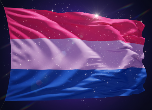 A large, dramatic bisexual pride flag waving in the wind, with three horizontal stripes — hot pink on top, lavender/purple in the middle, and royal blue on the bottom. The flag is rendered in full-bleed, filling the entire image. Add a magical sparkling effect with glittering light particles, lens flares, and shimmering sparkles scattered across the fabric surface, giving it a radiant, celebratory glow. High resolution, vibrant colors, dramatic lighting.